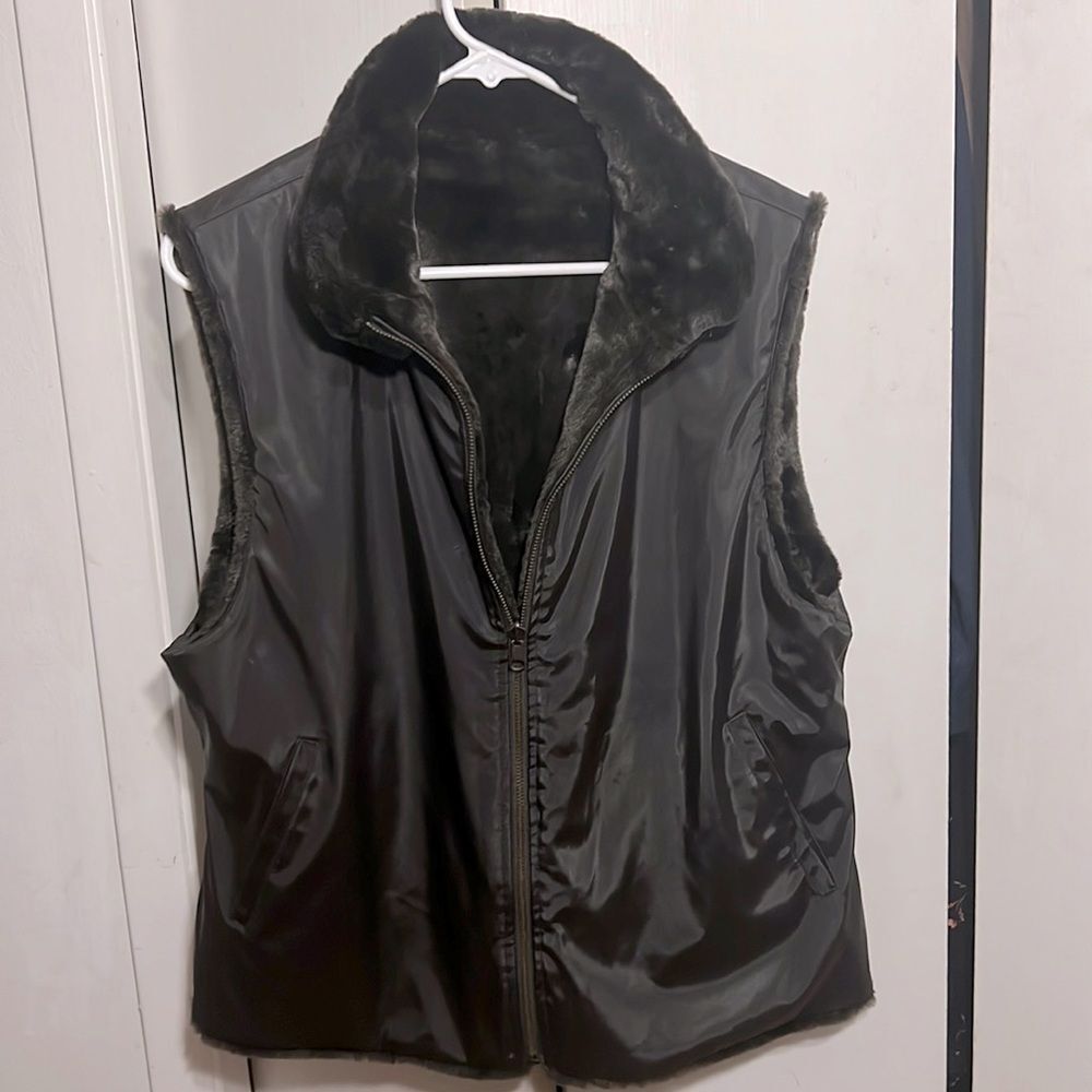 Brown Faux Fur Reversible Zip Vest L Mob Wife Aesthetic Coquette Cabin Chic Ski